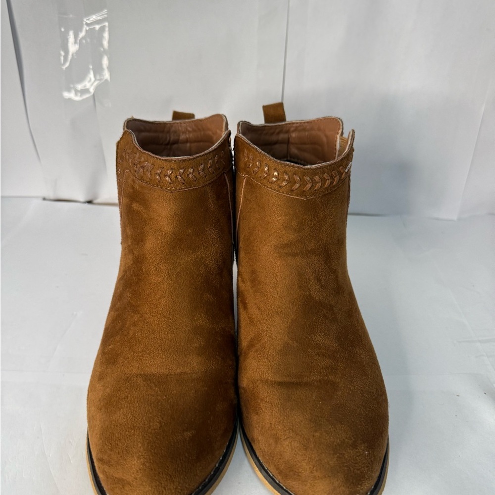 Tiara Los Angeles faux Brown Suede Ankle Boots. Floral embroidery back. Slip on - Picture 1 of 8